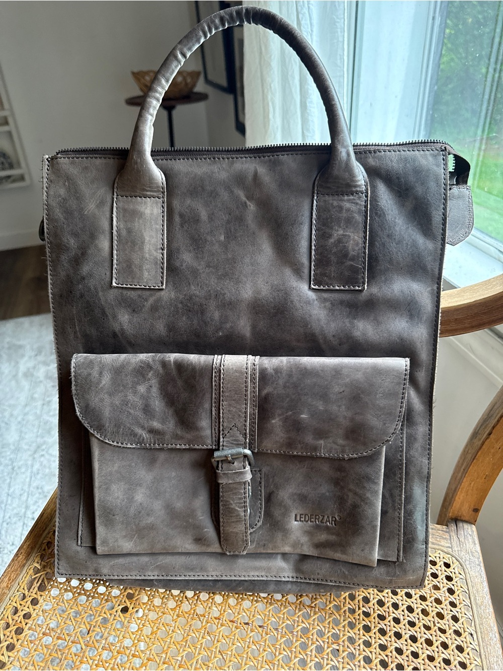 Lederzar Brown/Grey Leather Laptop Travel Tote Carryall Bag